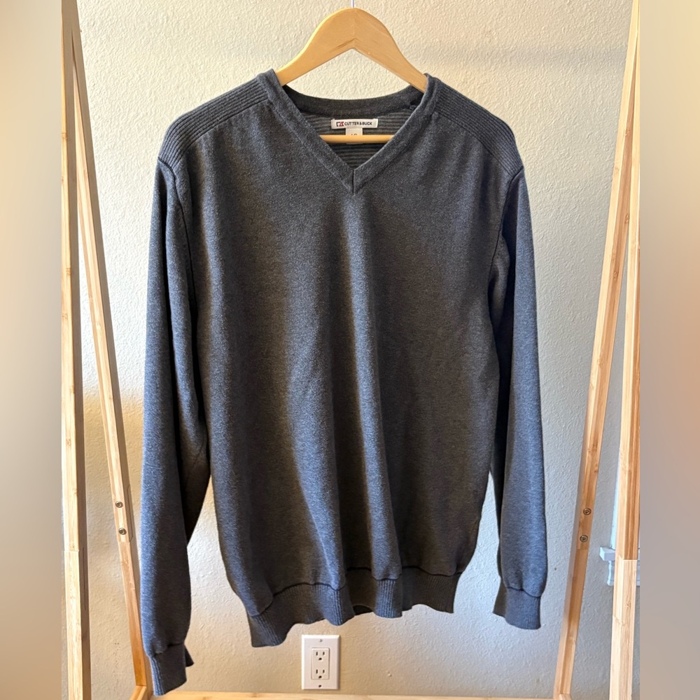 Cutter & Buck Gray V-Neck Sweater Men’s Large 100% Cotton Knit